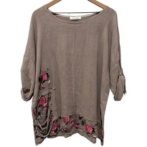 LiaBella Linen Tunic Top Lagenlook Women One Size Distressed Floral Made Italy